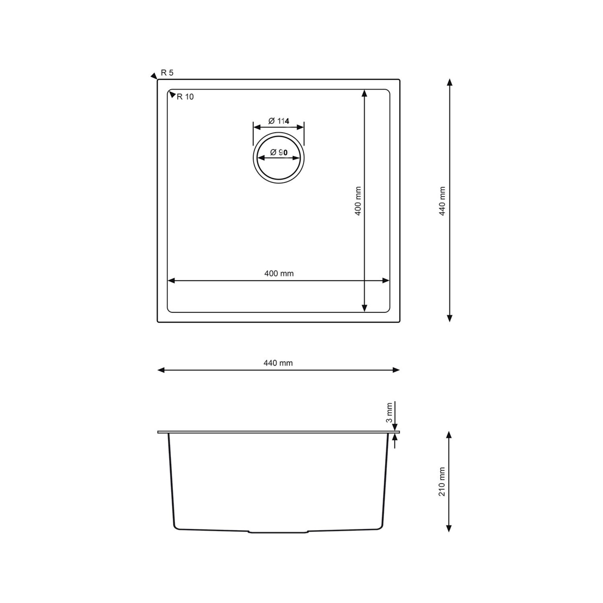 Rysunek techniczny zlewu stalowego Steel SINK 45